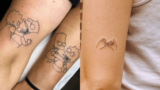 Matching tattoos featuring cartoon characters and pinky promise hands on arms.