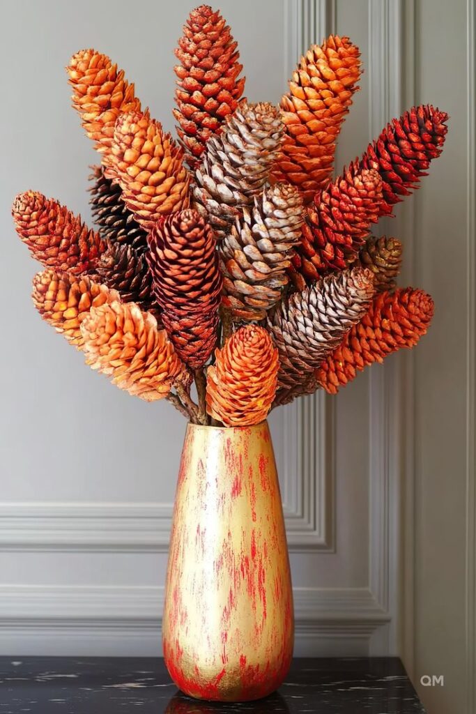 Vibrant autumn pine cone arrangement in a gold vase, enhancing home decor with warm, natural tones.