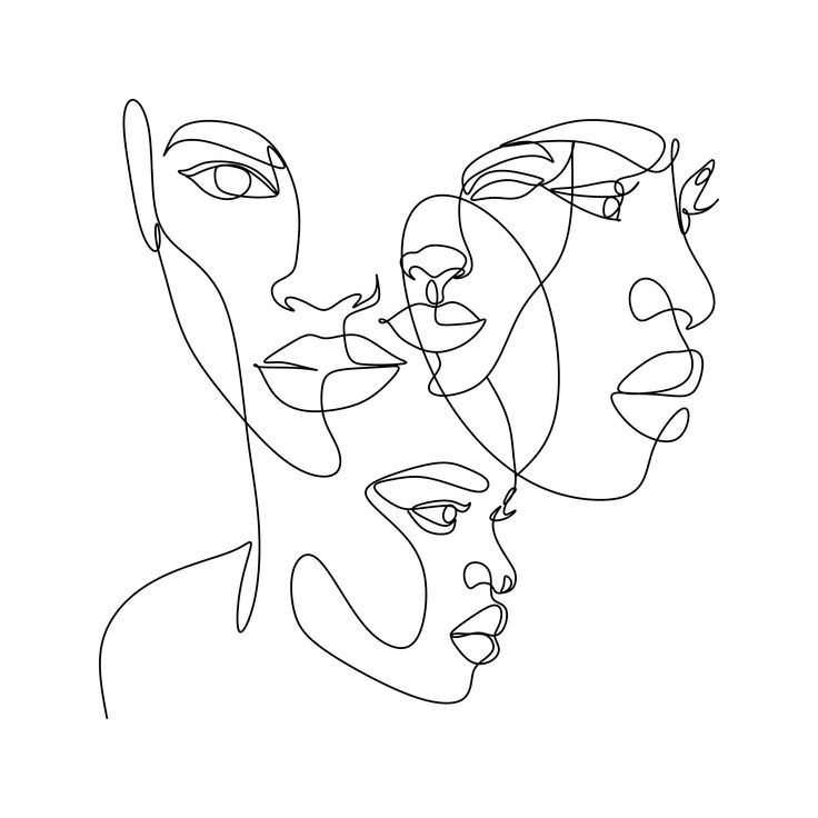 Abstract line art depicting multiple faces intertwined on a white background for modern design and creativity concepts.