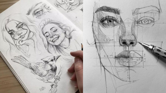 Sketchbook art featuring detailed pencil drawings of faces and a bird, including a close-up portrait with construction lines.