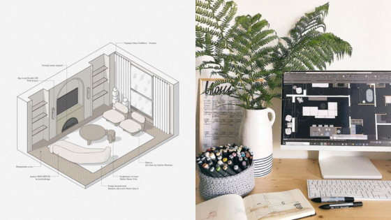 Interior design sketch and workspace with computer planning tools, desk plant, and artistic supplies.