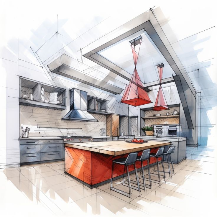 Modern kitchen sketch with a spacious island, bold red accents, and sleek appliances. Ideal for contemporary design inspiration.