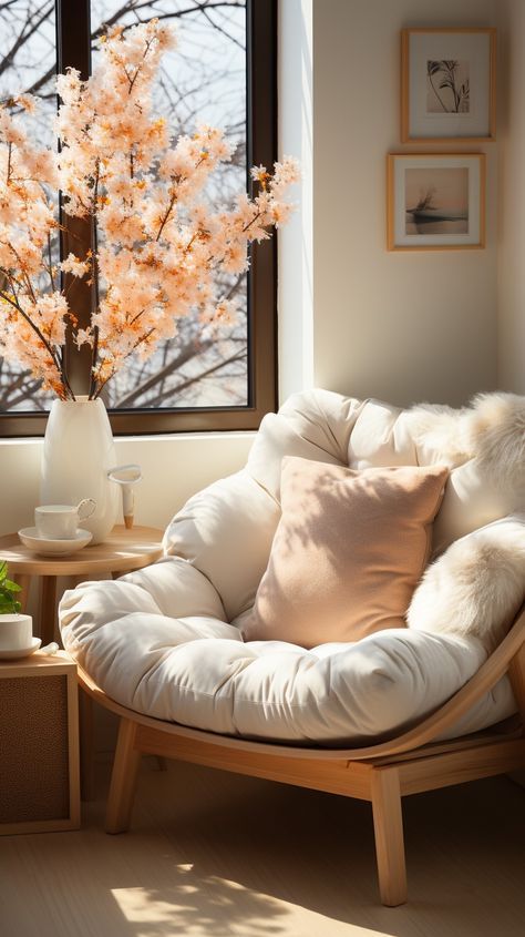 Cozy reading nook with a plush chair, soft pillows, and cherry blossoms by the window, creating a peaceful ambiance.