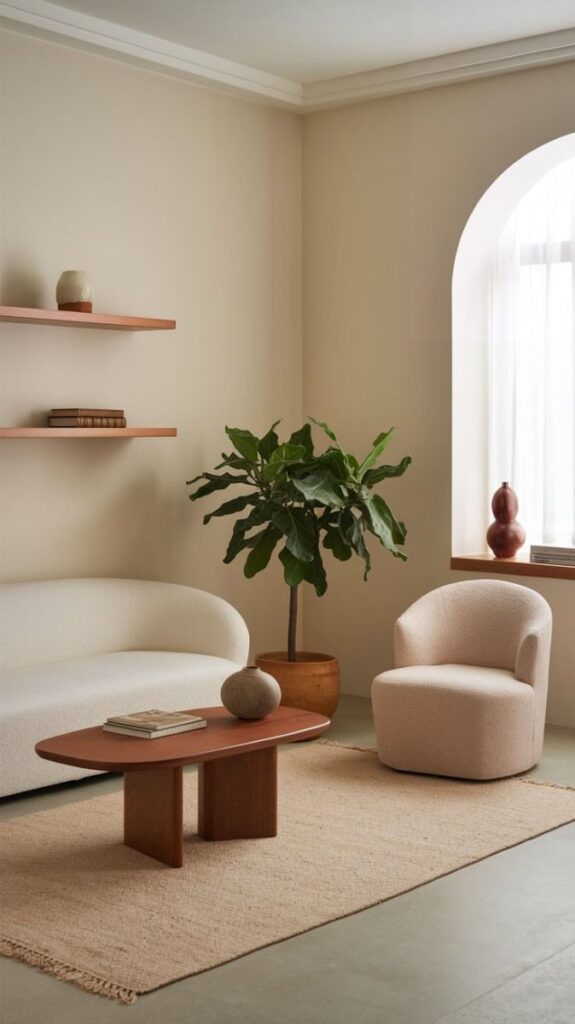 Minimalist living room with beige furniture, indoor plant, wooden shelves, and a coffee table on a textured rug.