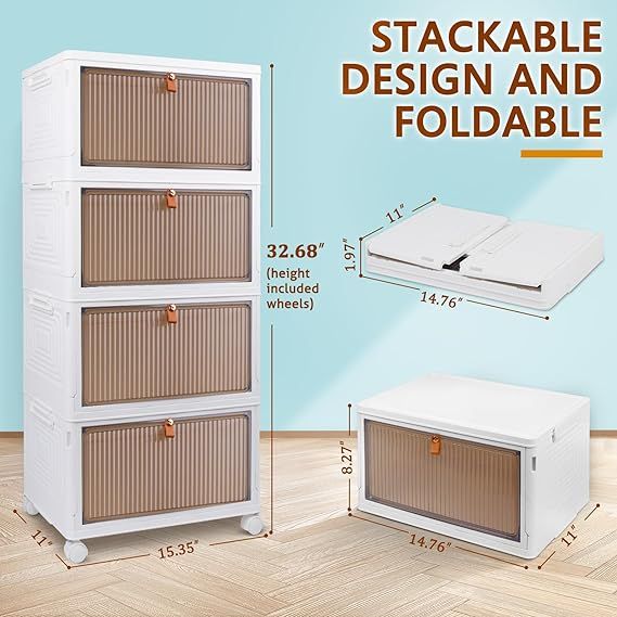 Stackable, foldable storage organizer with dimensions, 5-layer design, and wheels, perfect for maximizing space efficiency.