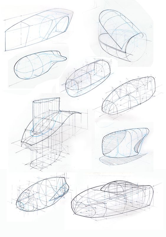 Concept car design sketches illustrating aerodynamic shapes and detailed structural outlines.