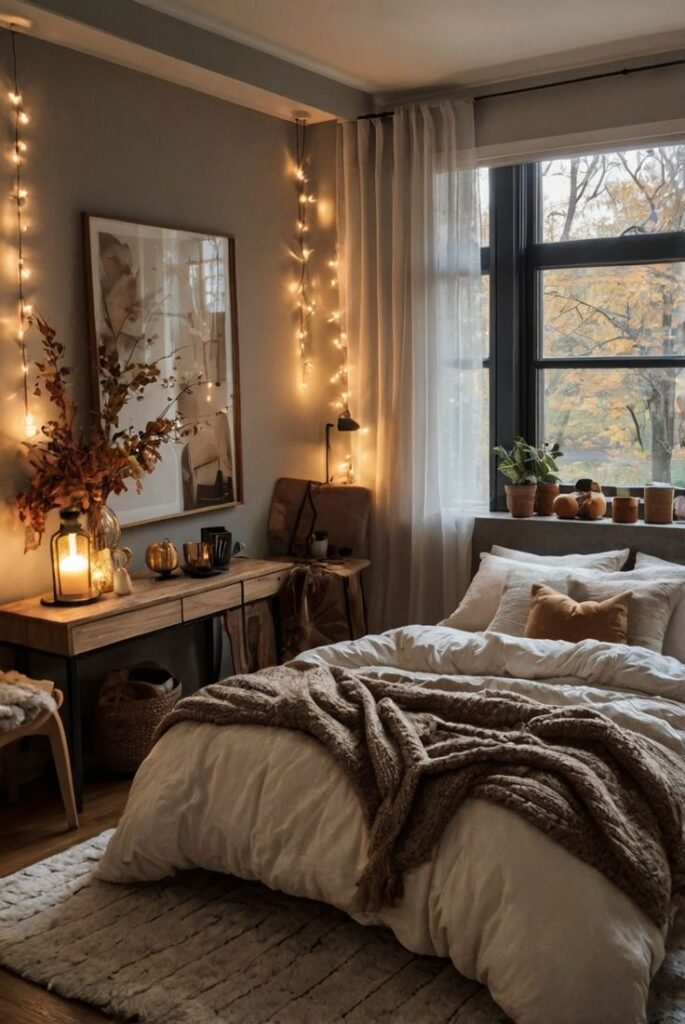 Cozy bedroom with string lights, a plush bed, fall decor, and large window overlooking autumn trees. Warm, inviting atmosphere.