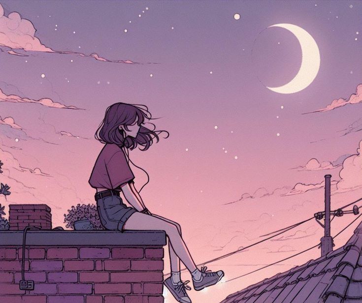 Illustration of a girl sitting on a rooftop at sunset, listening to music, with a crescent moon in the sky.