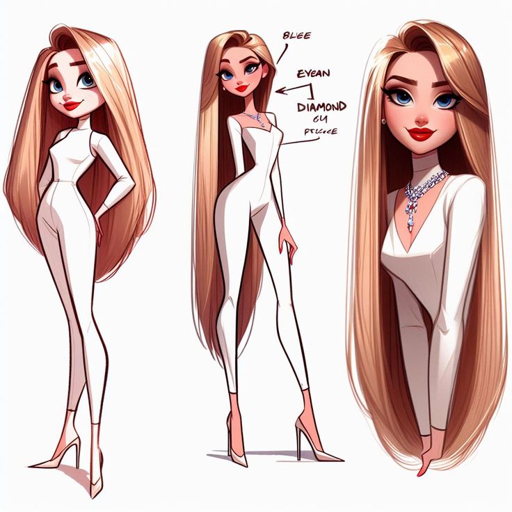 Stylish animated woman with long hair in a white jumpsuit and heels, showcasing elegant fashion design.