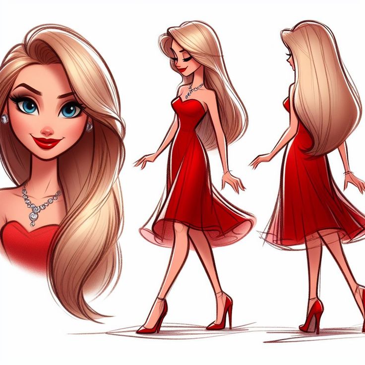 Elegant cartoon woman in red dress, showcasing stylish poses and long flowing hair.