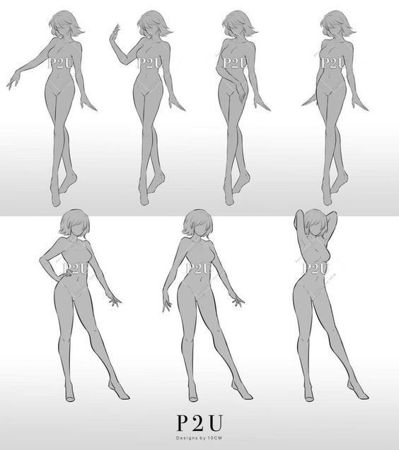 Anime character poses illustration in grayscale, showcasing various standing and dynamic positions for artistic reference.