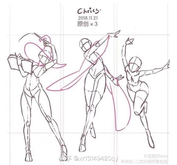 Dynamic sketch of three figure poses illustrating movement and balance in art.