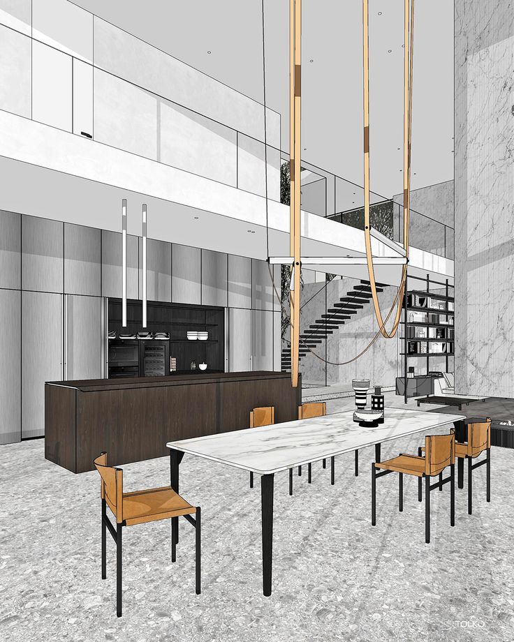 TOLKO _ _RESIDENCE 54_ Interior SketchUp edition - 1 копия Modern minimalist kitchen-dining area with marble table, wood accents, and staircase in open-concept space. | Sky Rye Design Modern minimalist kitchen-dining area with marble table, wood accents, and staircase in open-concept space.