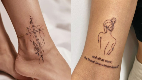 Elegant minimalist ankle and arm tattoos featuring floral designs and a motivational quote.