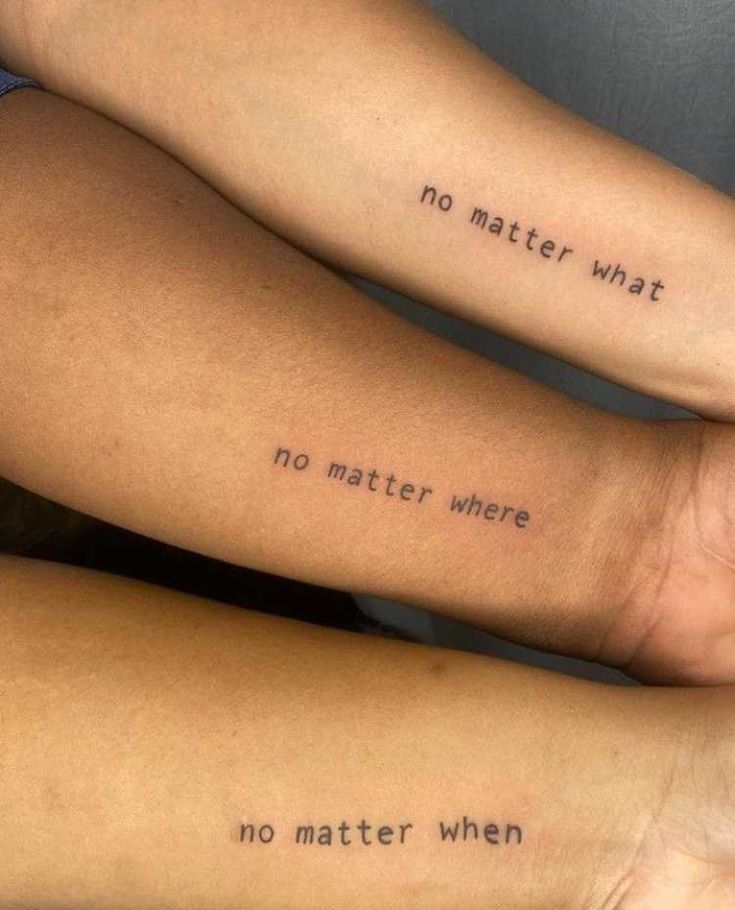 Three arms with tattoos: no matter what, no matter where, no matter when. Inspirational words on skin.