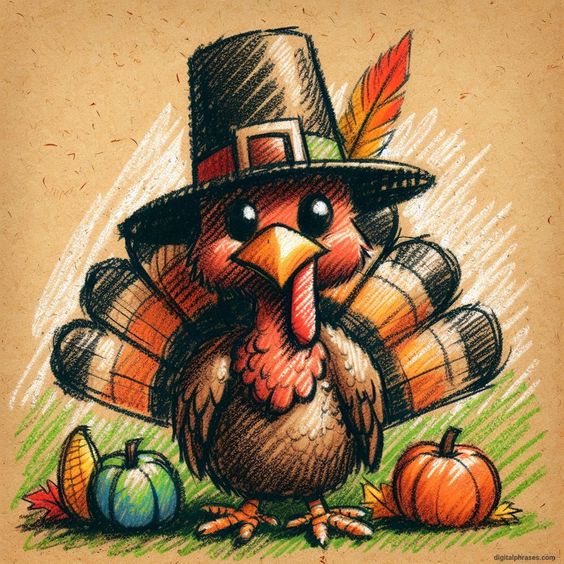 Festive cartoon turkey wearing a pilgrim hat with colorful feathers, surrounded by pumpkins on a rustic background.