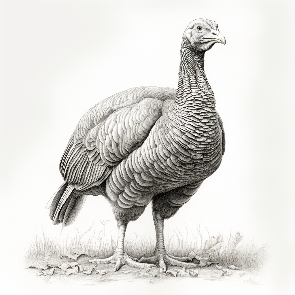 Illustrated pencil drawing of a detailed turkey standing on grass, showcasing intricate feather patterns.