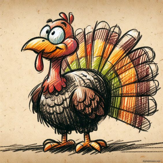 Colorful cartoon turkey with bright tail feathers, standing on a beige background, looking cheerful and lively.