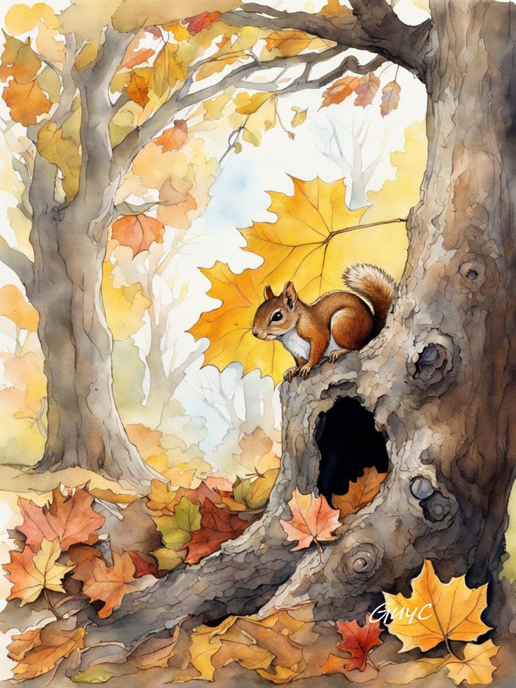 Illustrated squirrel on a tree in autumn forest with colorful leaves, highlighting fall scenery and wildlife.