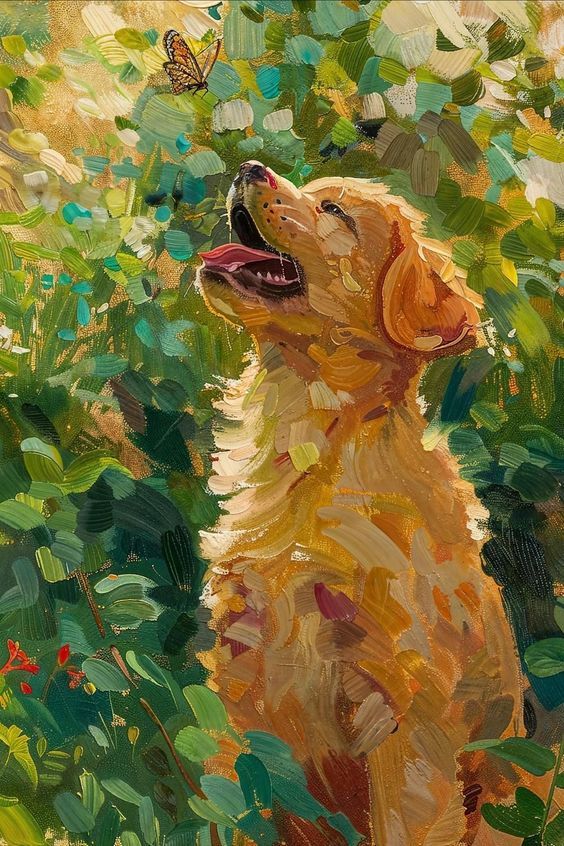 Golden retriever painting gazing at butterfly in lush green garden, capturing a moment of playful curiosity and nature.