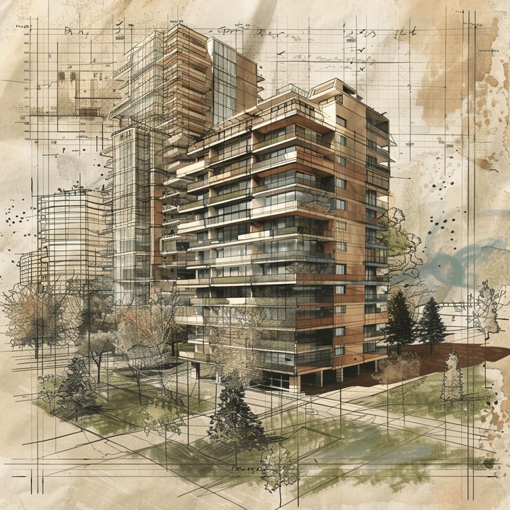 Tips for Creating Architectural Portfolio _ illustrarch копия Architectural sketch of modern residential building with trees, showcasing detailed design and artistic blueprint elements. | Sky Rye Design Architectural sketch of modern residential building with trees, showcasing detailed design and artistic blueprint elements.