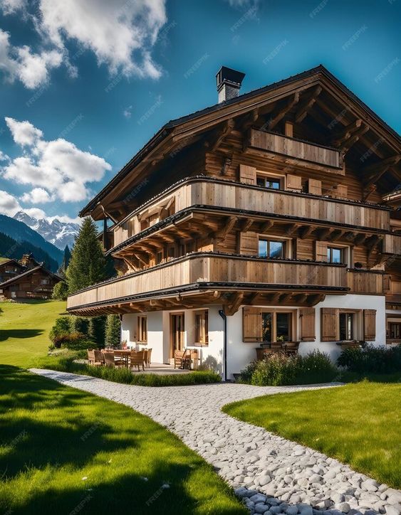 Mountain chalet with wooden exterior, stone pathway, set in a lush green landscape, under a sunny blue sky.