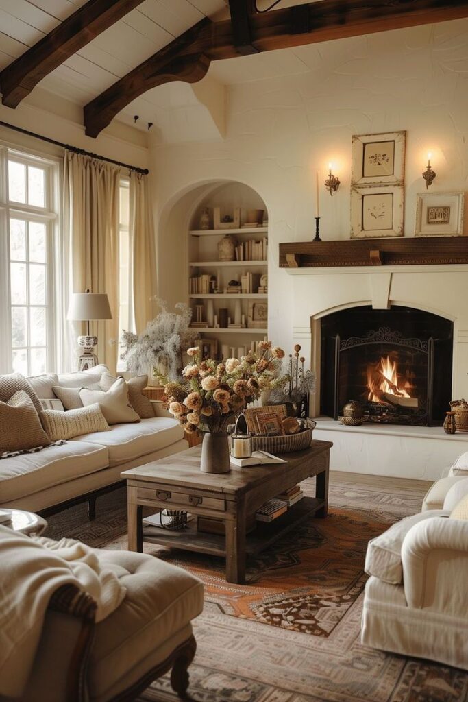 Cozy living room with fireplace, wooden beams, soft sofas, and warm décor in neutral tones.