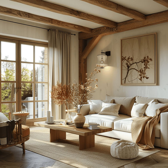 Serene living room with beige sofa, wooden accents, and large window. Cozy and inviting minimalist decor.