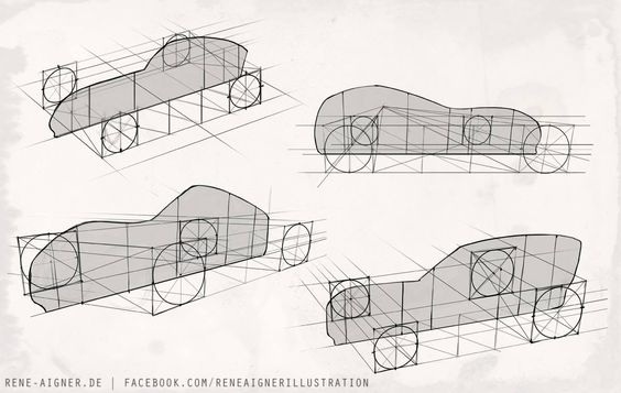 Geometric car design sketches showcasing different perspectives in grayscale.