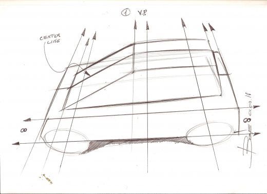 Sketch of a compact car design with aerodynamics and center line annotations, featuring perspective guidelines.