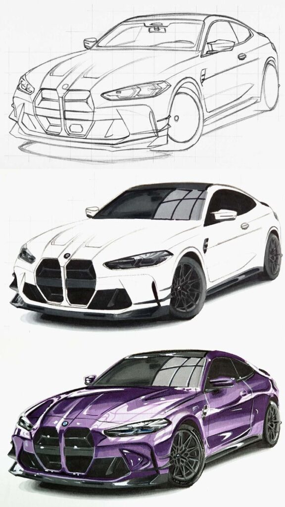 Three sketches of a sporty coupe car showcasing design evolution from outline to white and purple variants.