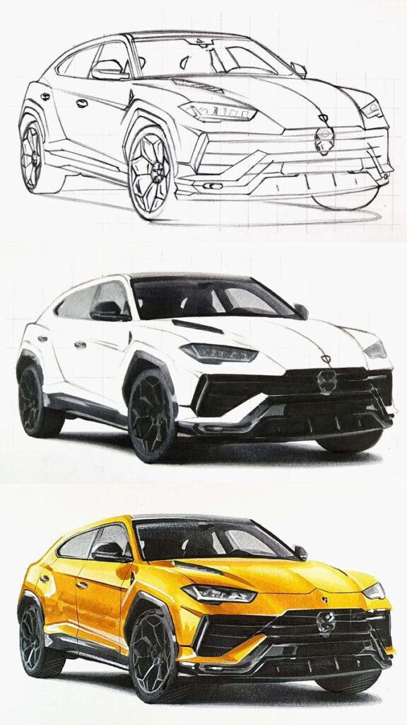 Car evolution: sketch to white SUV to yellow SUV, showcasing design transformation.