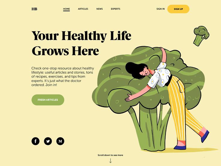 Woman embracing giant broccoli on health website landing page. Explore articles, recipes, and tips for a healthy lifestyle.