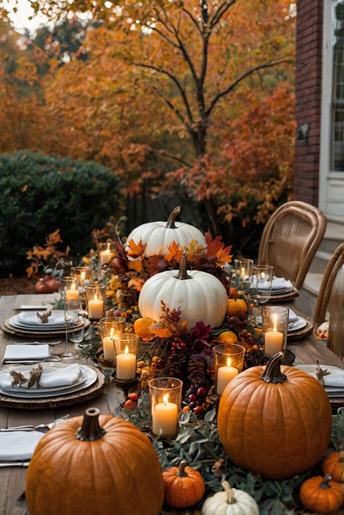 Elegant autumn table setting with pumpkins, candles, and fall foliage for a festive outdoor gathering.