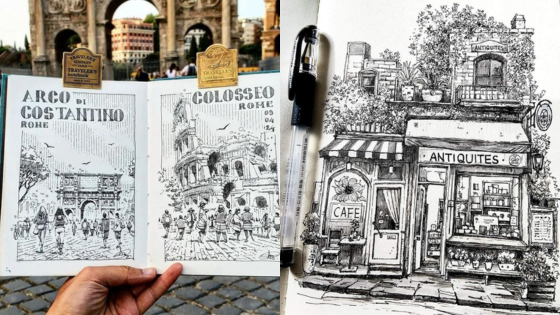 Sketchbooks with detailed ink drawings of Rome's Colosseum and a charming antique shop with a café.