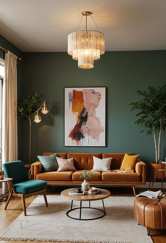 Stylish living room with green walls, modern art, brown sofa, and elegant chandelier lighting.