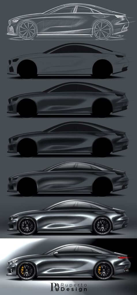 Sleek car design concept evolution from sketch to realistic render by Rupert Design, showcasing aerodynamic lines.