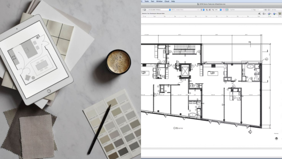 Tablet displaying design plans next to architectural blueprint and color swatches on a desk with coffee.