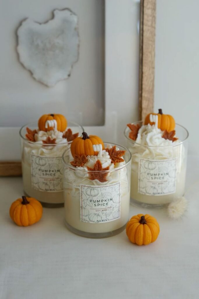 Pumpkin spice candles with whipped cream and decorative pumpkins, perfect for autumn ambiance.