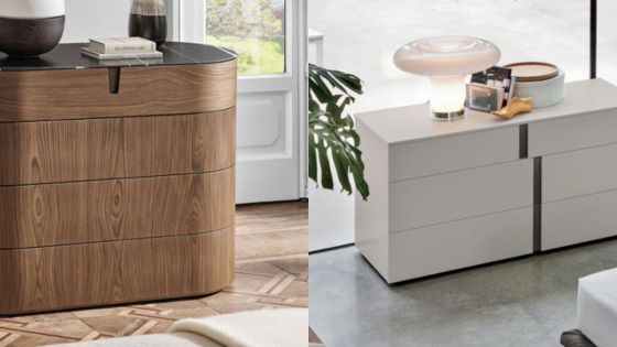 Modern wooden and white dressers side by side in a stylish interior with decorative items on top, next to a window.