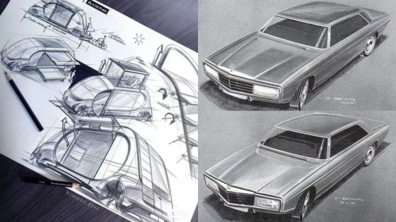 Auto design sketches showing concept drawings and two shaded renderings of a luxury car, highlighting sleek lines and style.