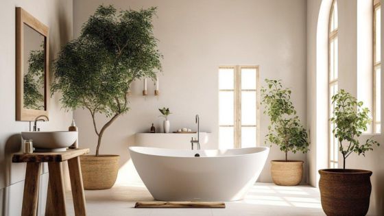 Luxurious bathroom with freestanding bathtub, large plants, natural light from windows, and wooden vanity with sink.