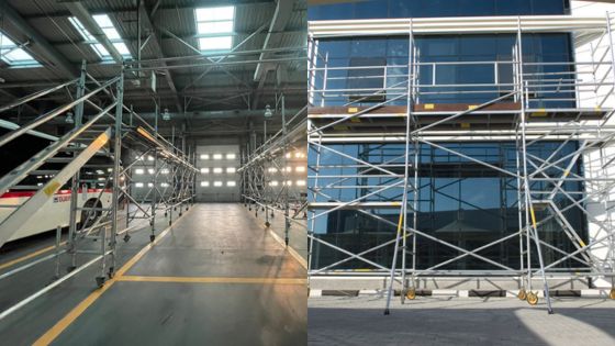 Scaffolding structures set up inside an industrial building and outside a modern glass facade building under construction.