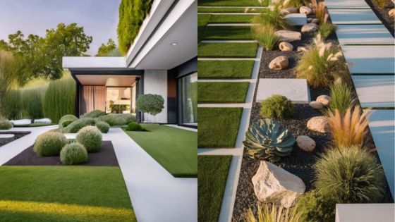 Modern landscape design with geometric pathways, lush greenery, and decorative rocks around a contemporary home. Cozy and stylish yard.