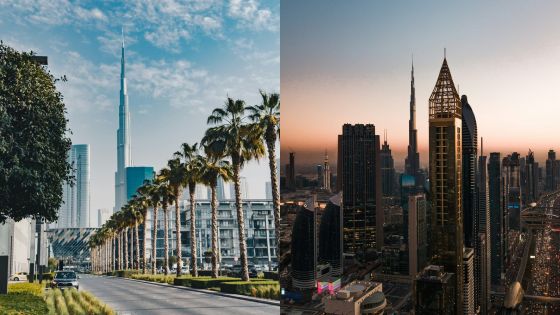 Skyline of modern skyscrapers in Dubai during day and night, featuring palm-lined streets and cityscape views.