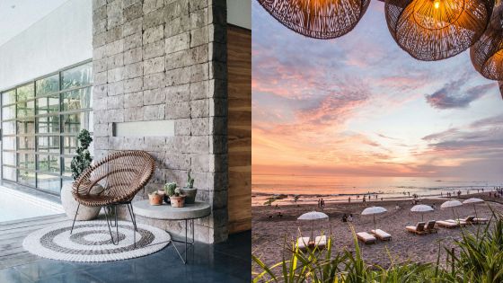 Cozy indoor wicker chair setup alongside scenic beach sunset with umbrellas and loungers.