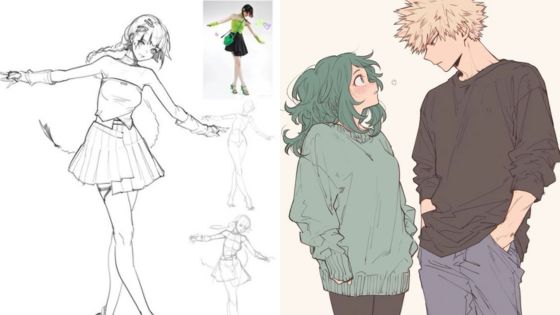 Anime-style sketches and colored characters, featuring a couple and a detailed pose study with a reference image.