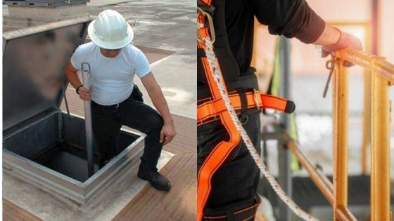 Worker in safety gear entering a roof hatch; close-up of construction harness secured on scaffolding.