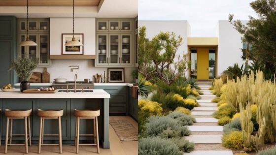 Modern kitchen interior with green cabinets and outdoor garden walkway with lush plants and yellow door.