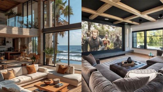 Modern oceanfront living room with floor-to-ceiling windows, cozy seating, and a home theater setup.